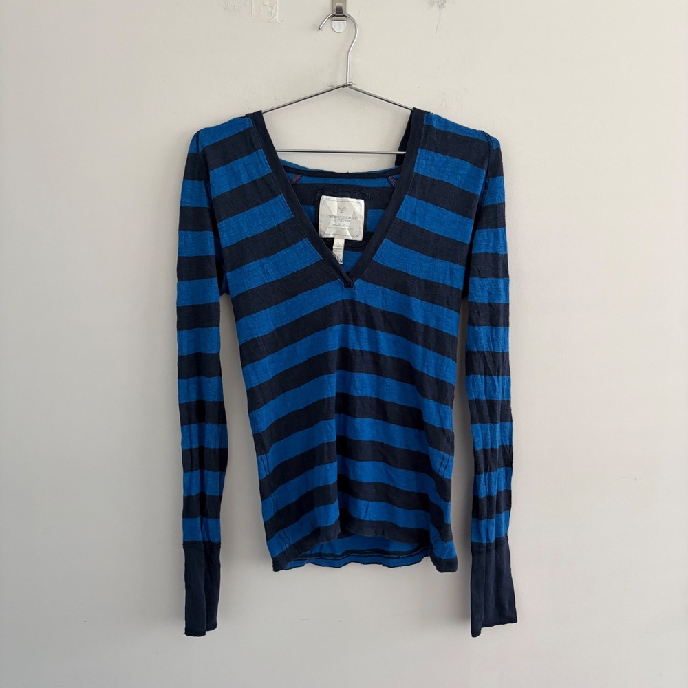 American Eagle Outfitters Mens Blue Striped V-Neck Hooded Long Sleeve Shirt L